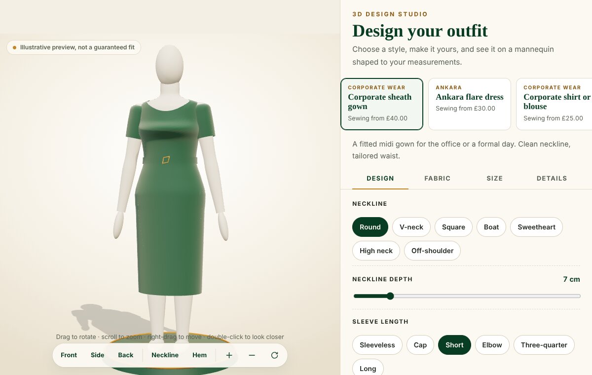 The C-Mes design studio: a 3D mannequin wearing a corporate gown beside the design options